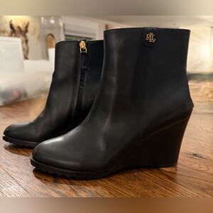 NWOT - Ralph Lauren Genuine Leather Black Wedge Ankle Booties - 8.5